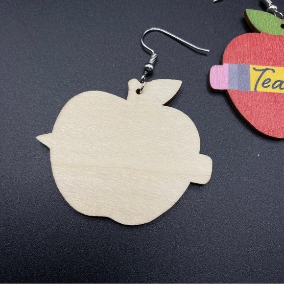 Teacher Red Apple Yellow Pencil Wood Earrings - Picture 3 of 5